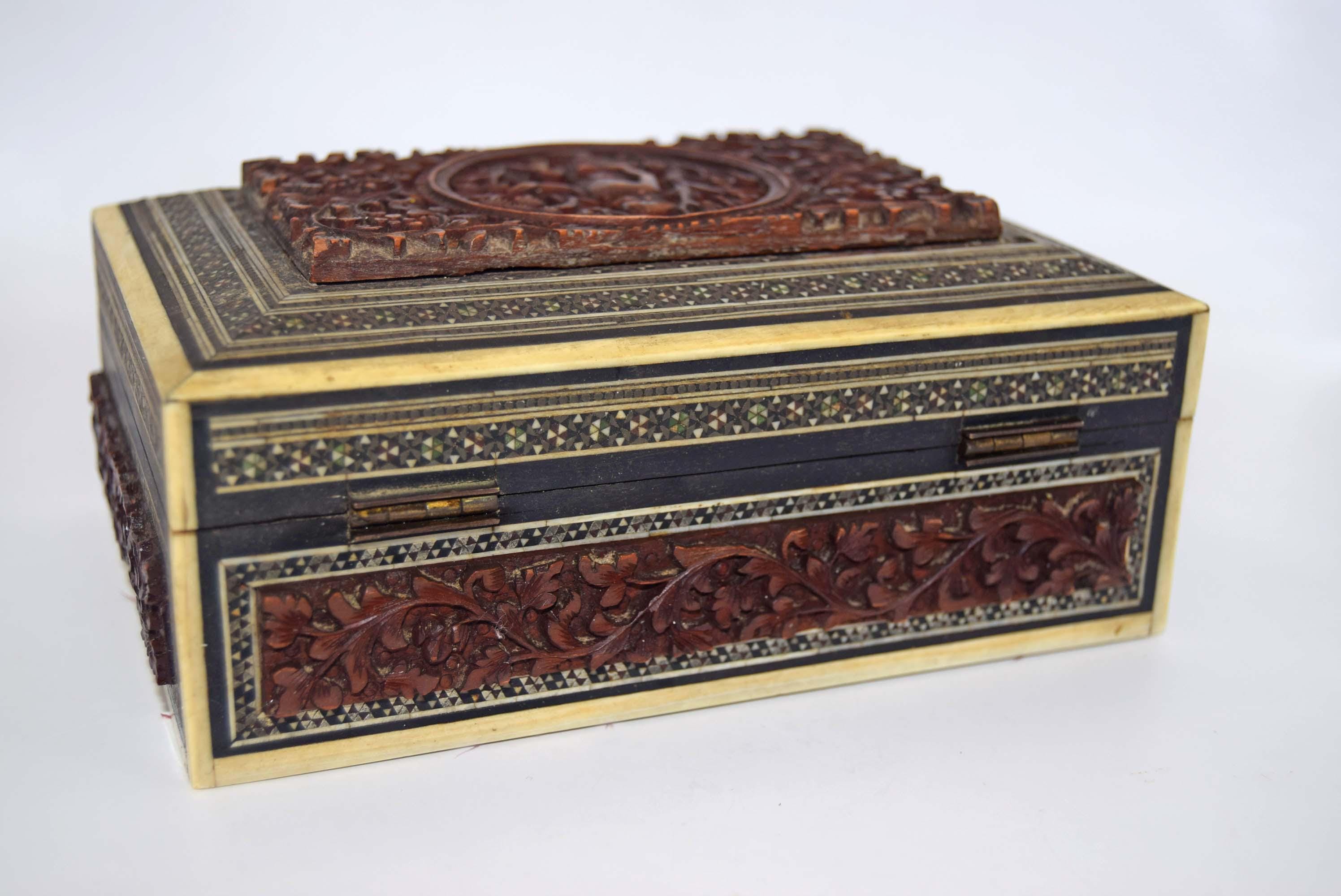 RARE FIND Victorian Anglo-Indian Vizagapatam Carved Sandalwood and Sadeli Mosaic Box c1850
