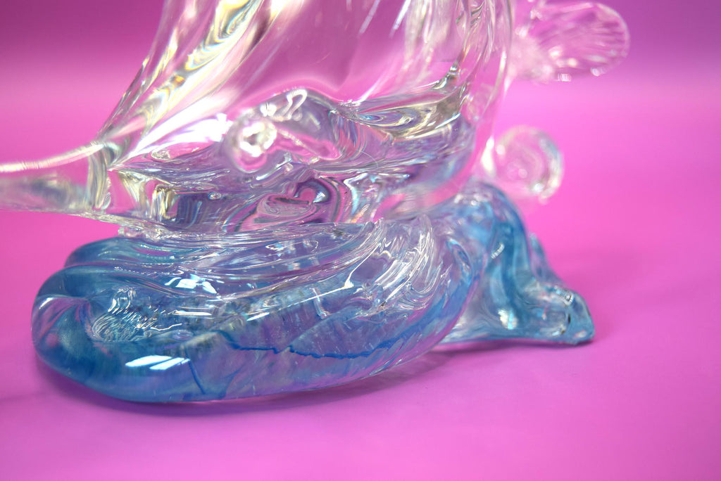 Vintage Italian Clear Glass Toucan and flower on blue rock  c1980s
