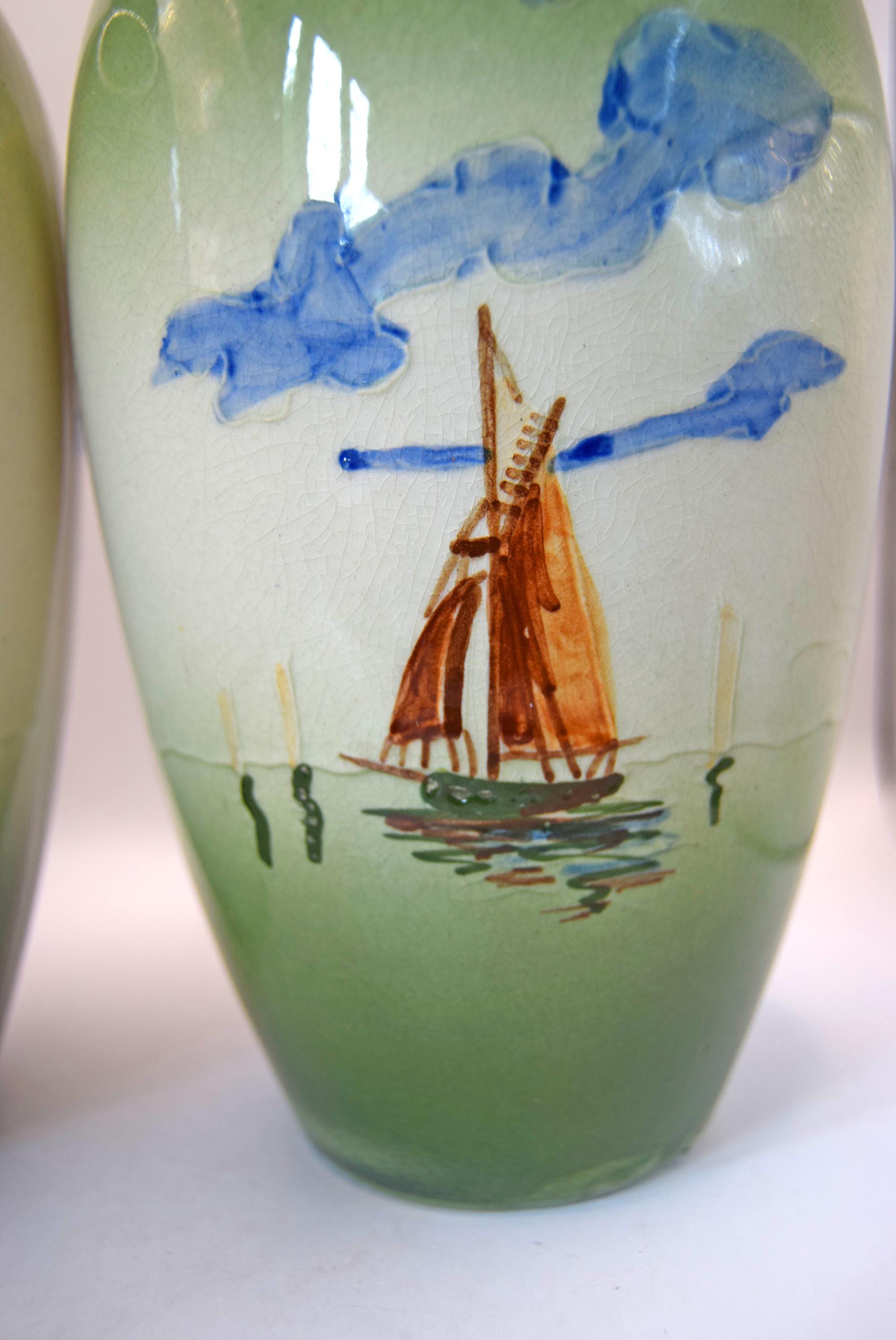 2 x Vintage Ceramic Vases with Hand Painted Boating Scenes | c1930s