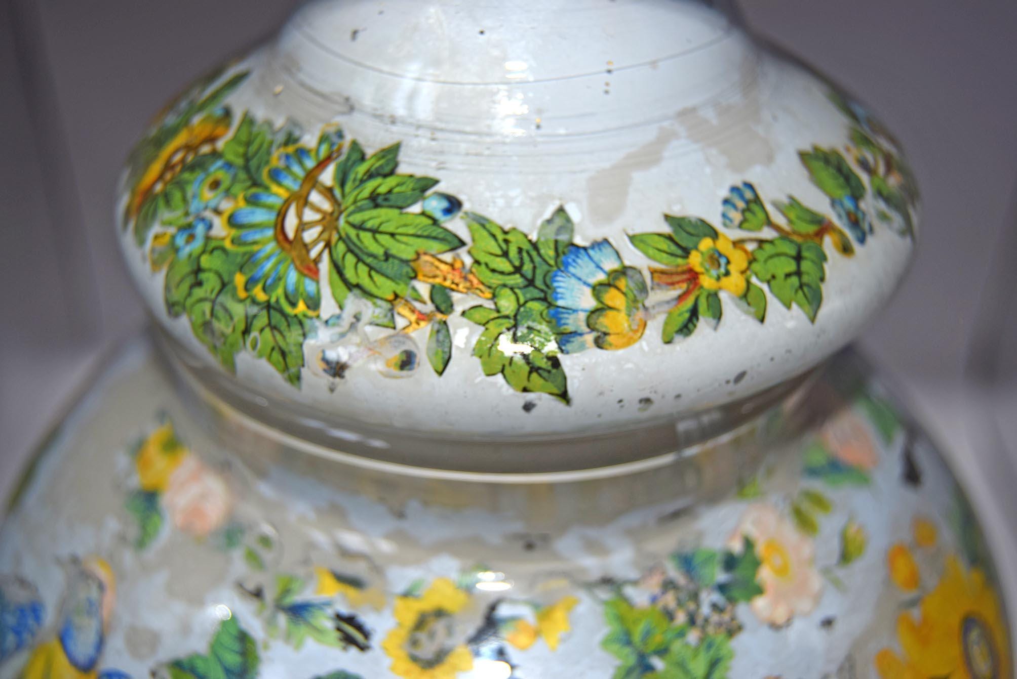 Large Antique Reverse Decalcomania Glass Vase Jar With Lid - Mid 19th Century - RARE FIND