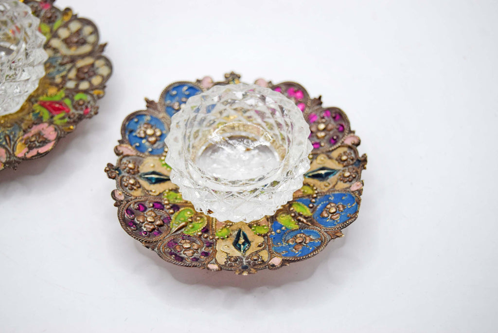 Antique French Salt Cellars – Stamped Metal, Hand-Painted Enamel, Diamond Glass Liners c1880s