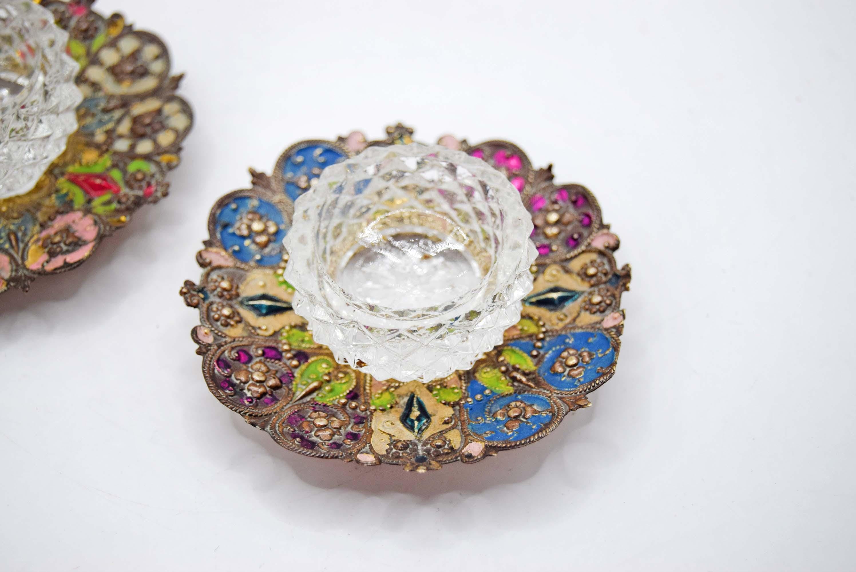 Antique French Salt Cellars – Stamped Metal, Hand-Painted Enamel, Diamond Glass Liners c1880s