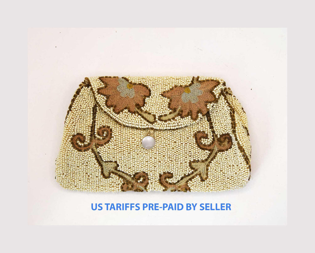 Antique Victorian Hand Made Ivory Beaded and Embroidered Clutch Evening Bag