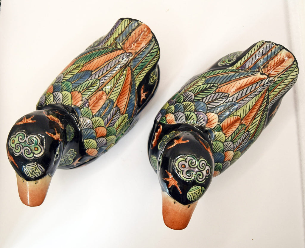 Pair Of Antique Handpainted Ceramic Duck Trinket Boxes