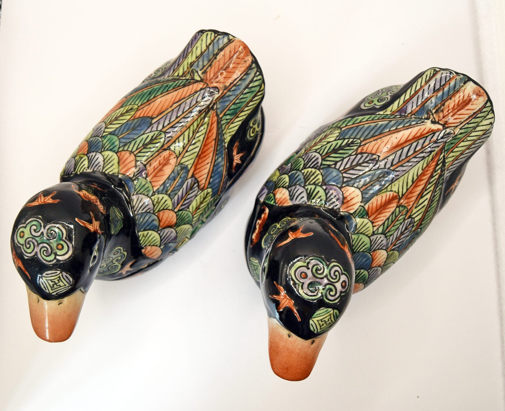 Pair Of Antique Handpainted Ceramic Duck Trinket Boxes