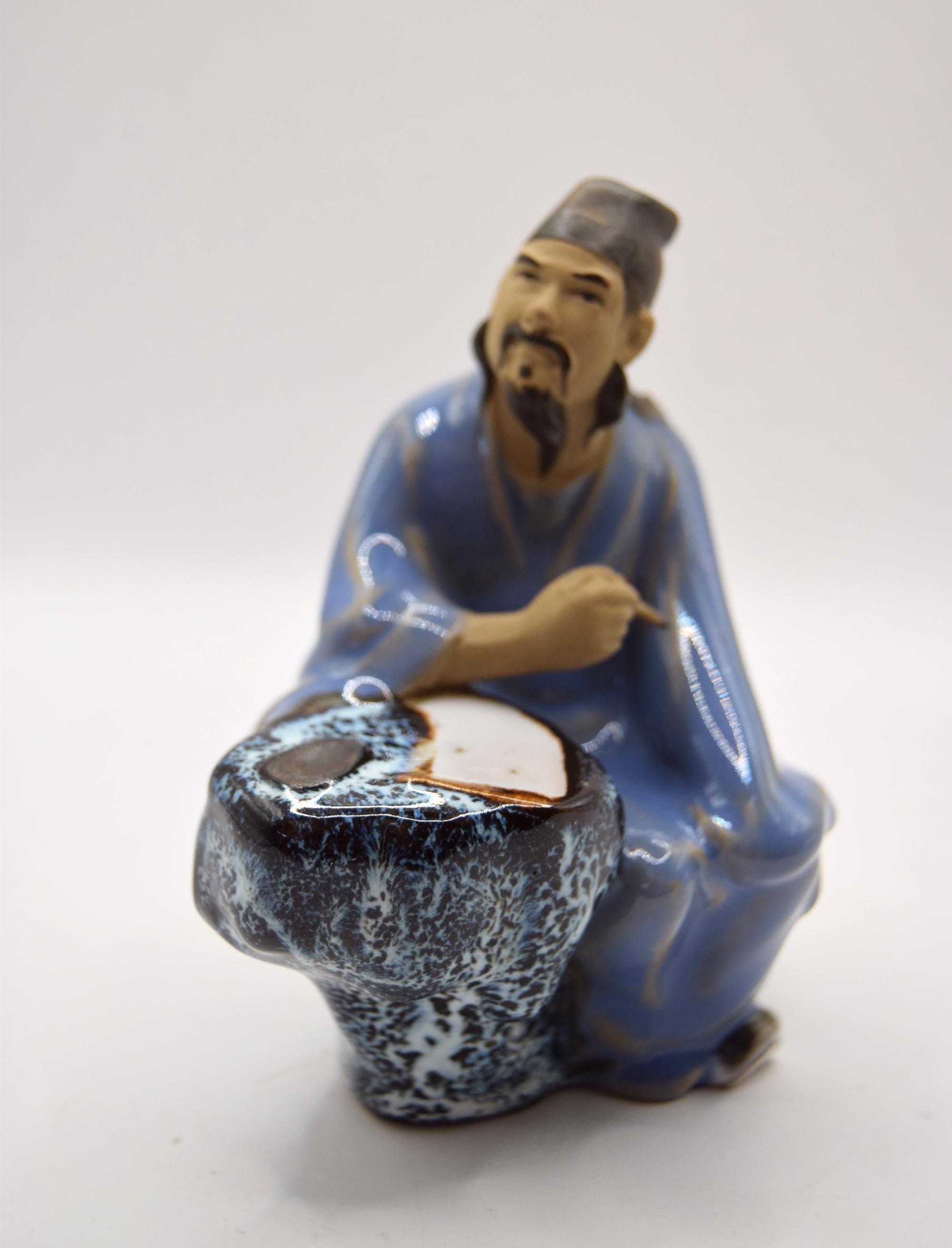 Vintage Chinese Shiwan Art Pottery Scholar Mudman Scribe Figurine H12cm X W8cm