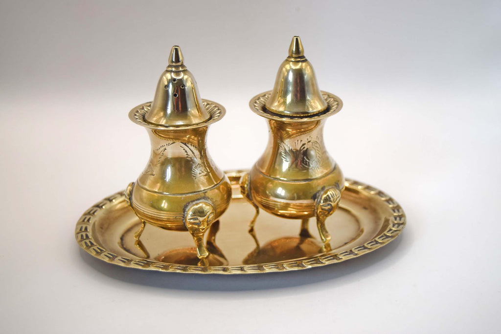 Vintage Brass Condiment Cruet Set with Tray in Original Presentation Box c1950s
