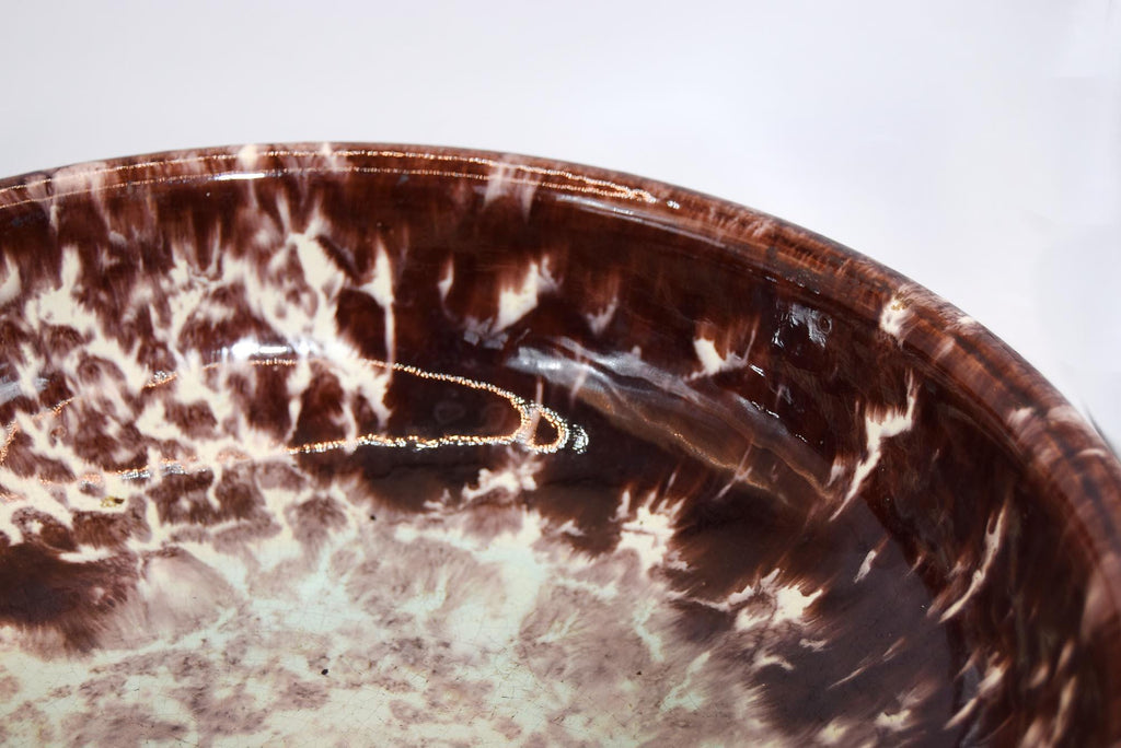 JASBA Keramik German Pottery Fruit Bowl - Brown & Aqua Drip Glaze with Applied Flowers c1950s
