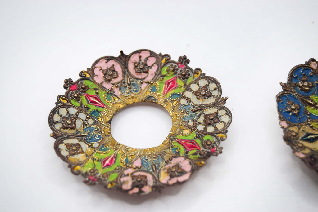 Antique French Salt Cellars – Stamped Metal, Hand-Painted Enamel, Diamond Glass Liners c1880s