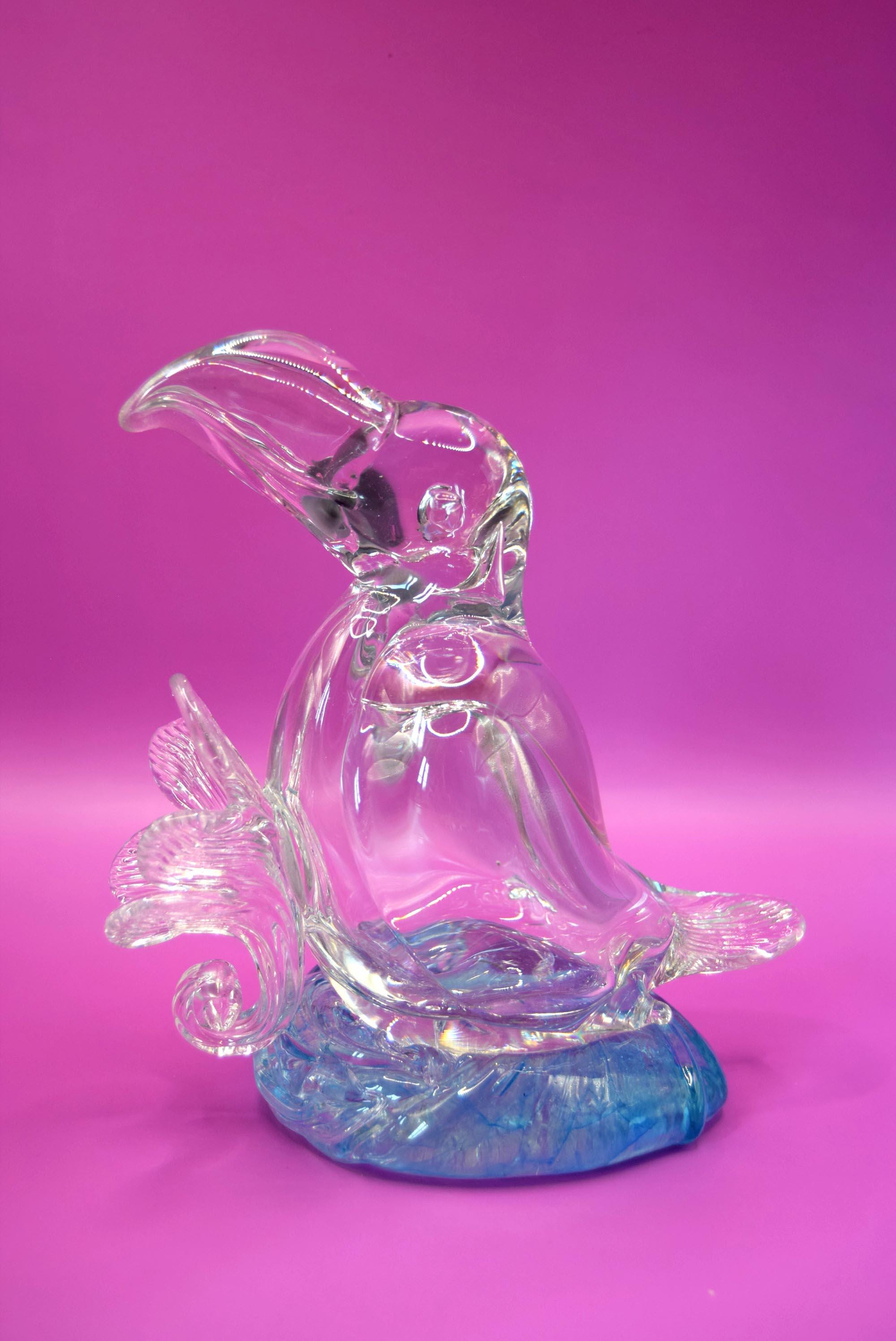Vintage Italian Clear Glass Toucan and flower on blue rock  c1980s