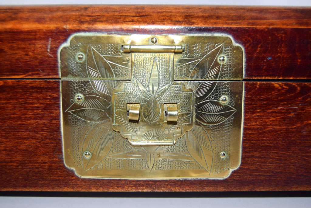 Oriental Rosewood Jewelry Box | Brass & Enamel | Silk Lined | Mid Century c1950s