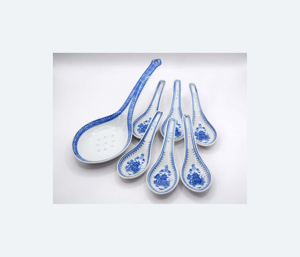 7 Piece Porcelain Chinese Spoon Soup Set White Blue Patterned Asian Ceramics