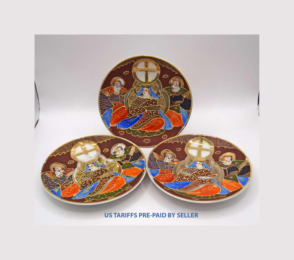 3 x Antique Japanese Satsuma Moriage Saucers 14cms - Taisho period 1940s