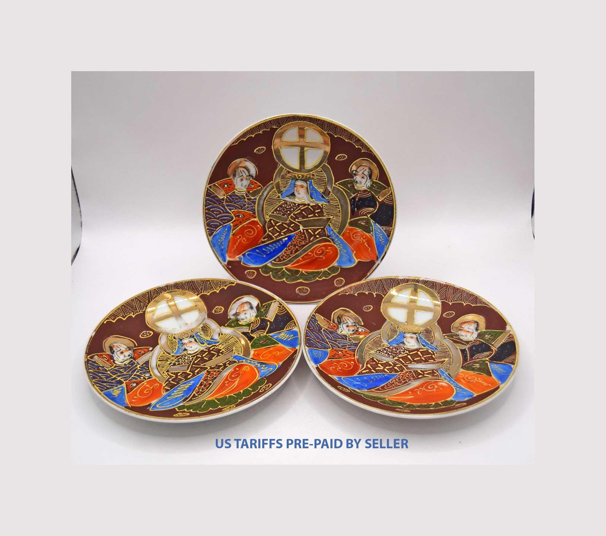 3 x Antique Japanese Satsuma Moriage Saucers 14cms - Taisho period 1940s