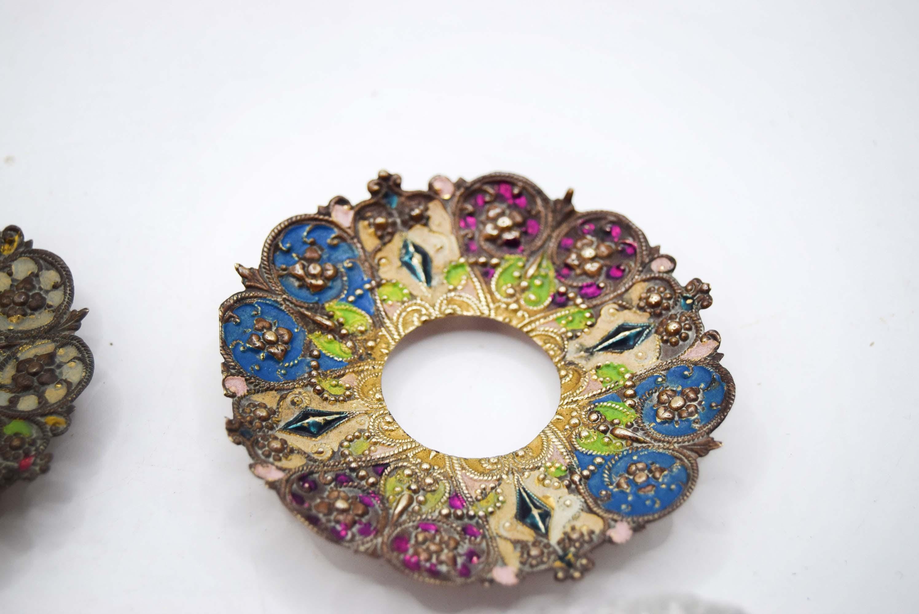 Antique French Salt Cellars â€“ Stamped Metal, Hand-Painted Enamel, Diamond Glass Liners c1880s