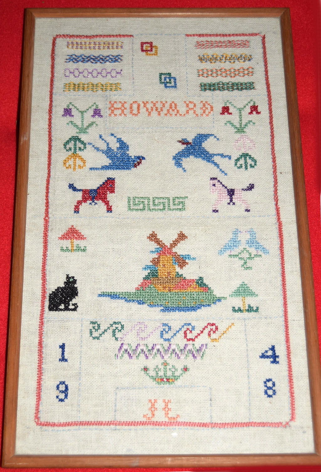 Antique 1948 Cross Stitch Embroidery Framed Sampler