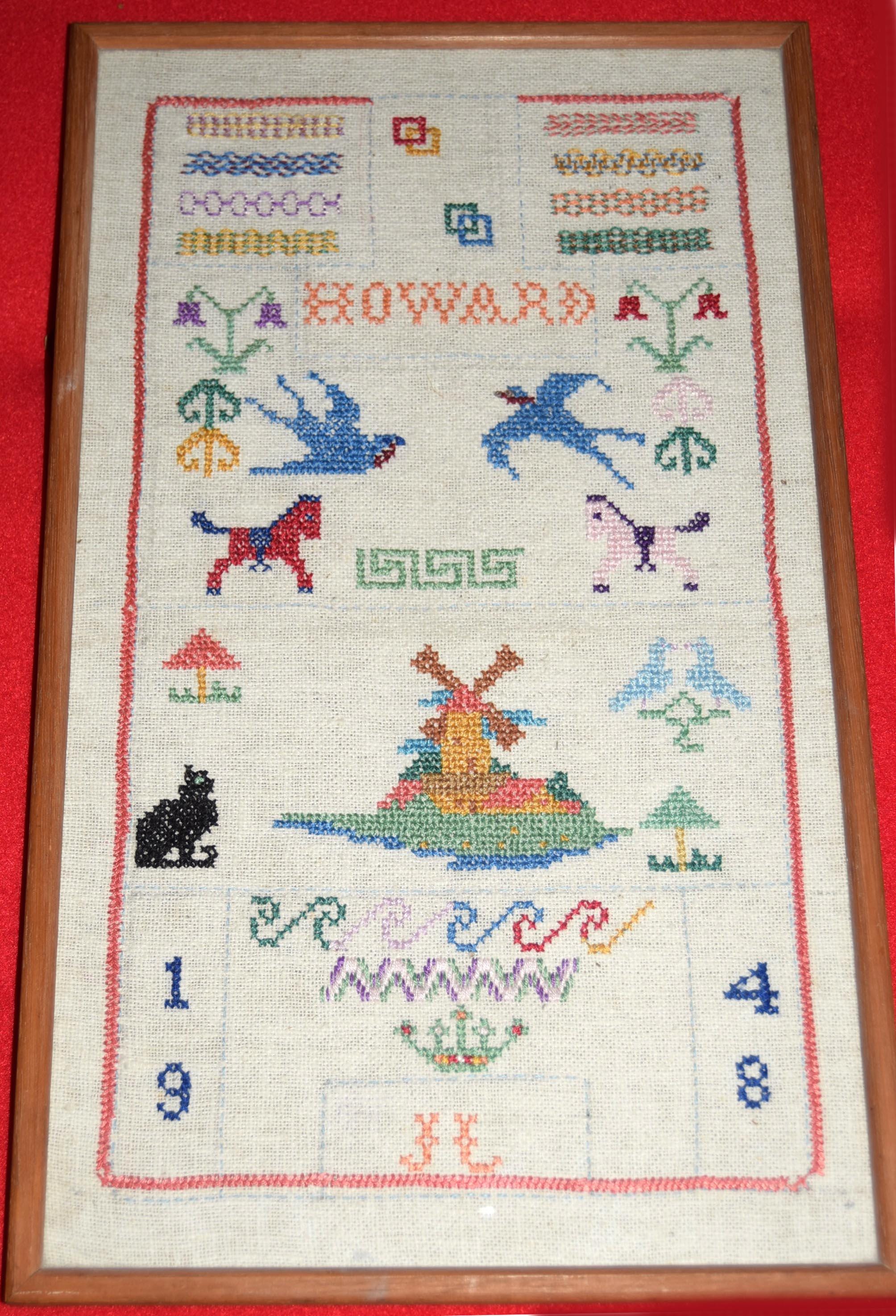 Antique 1948 Cross Stitch Embroidery Framed Sampler
