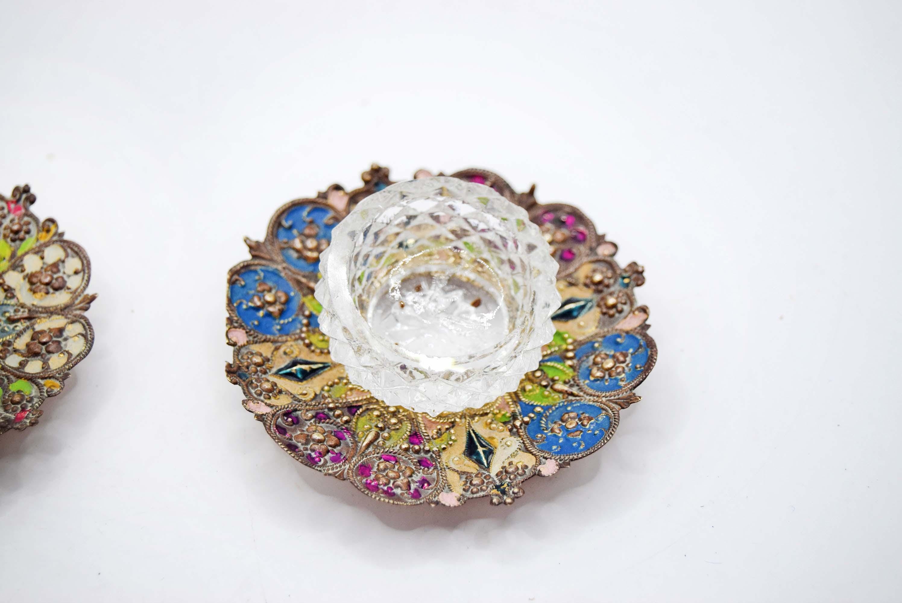 Antique French Salt Cellars â€“ Stamped Metal, Hand-Painted Enamel, Diamond Glass Liners c1880s