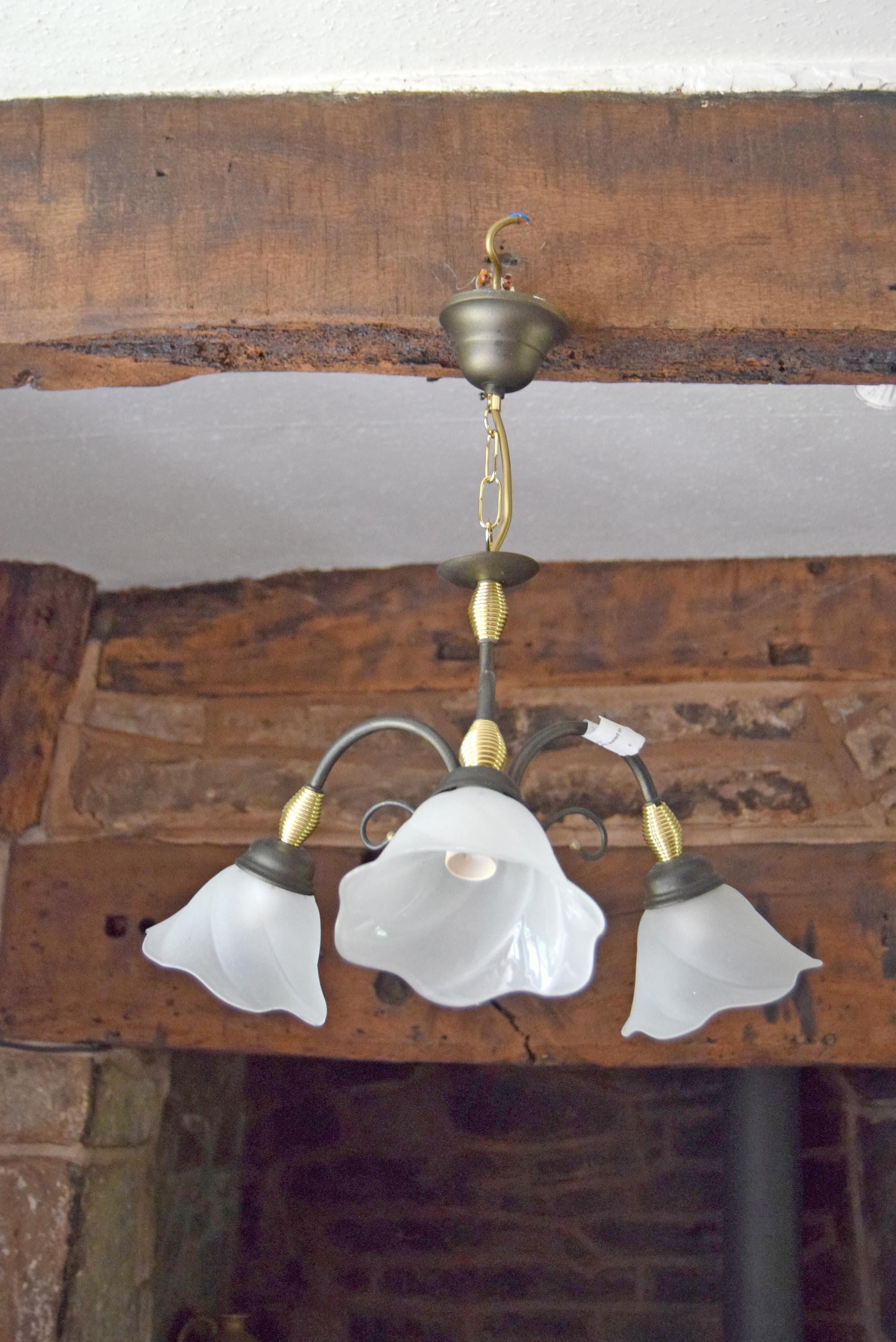Vintage Tulip Chandelier: Frosted Glass & Brass Accent - Retro Light