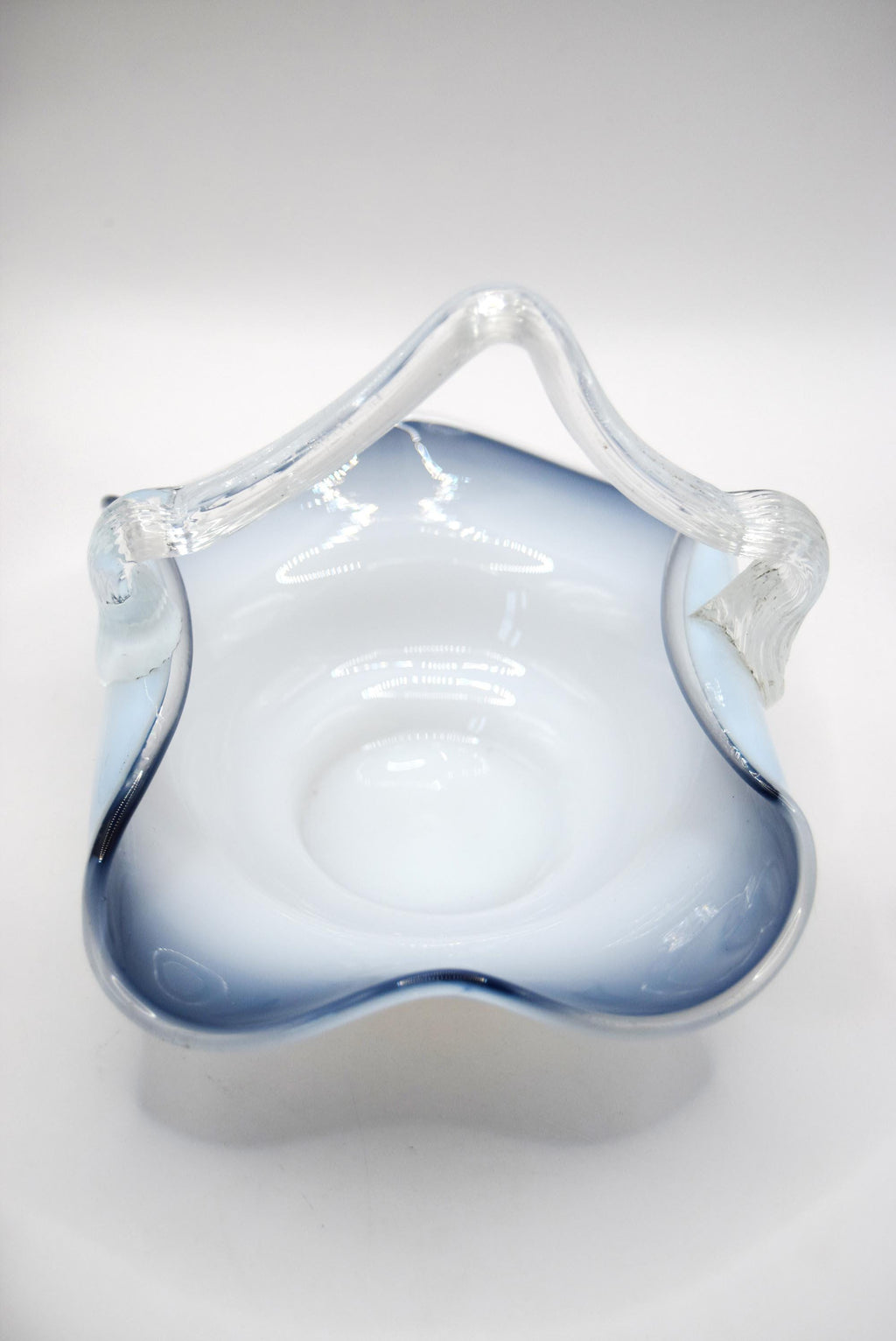 Vintage Czech Art Glass Smoked Blue Basket Lovely condition. Hand blown glass basket graduating from milk to indigo blue glass. 