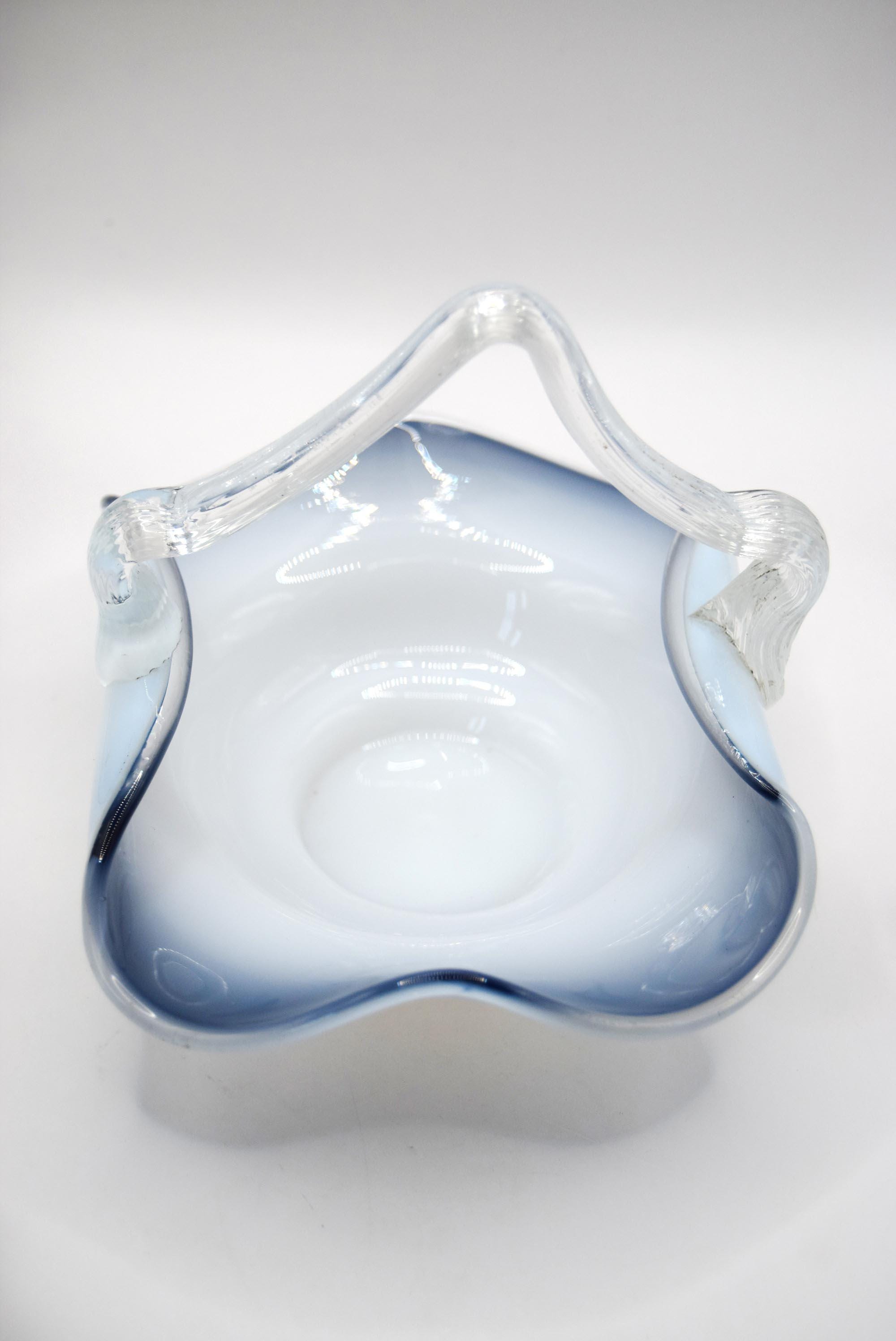 Vintage Czech Art Glass Smoked Blue Basket Lovely condition. Hand blown glass basket graduating from milk to indigo blue glass. 