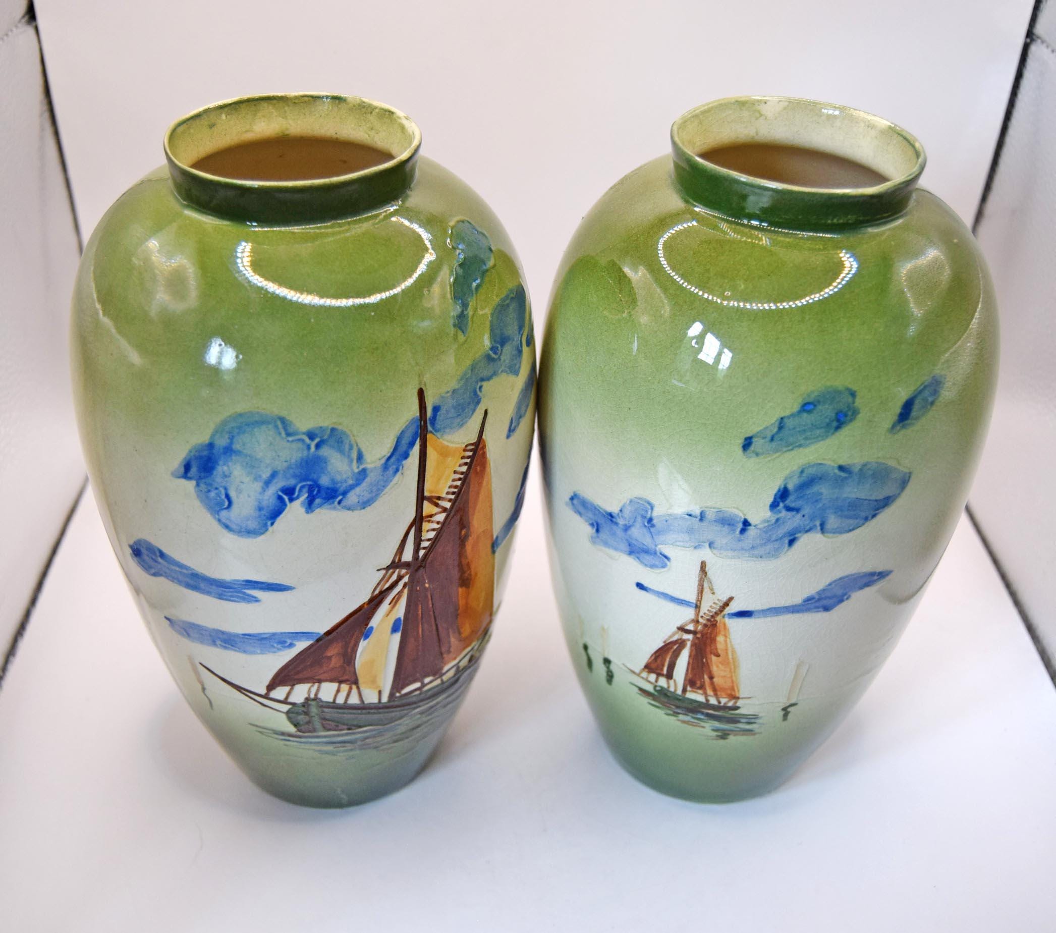 2 x Vintage Ceramic Vases with Hand Painted Boating Scenes | c1930s