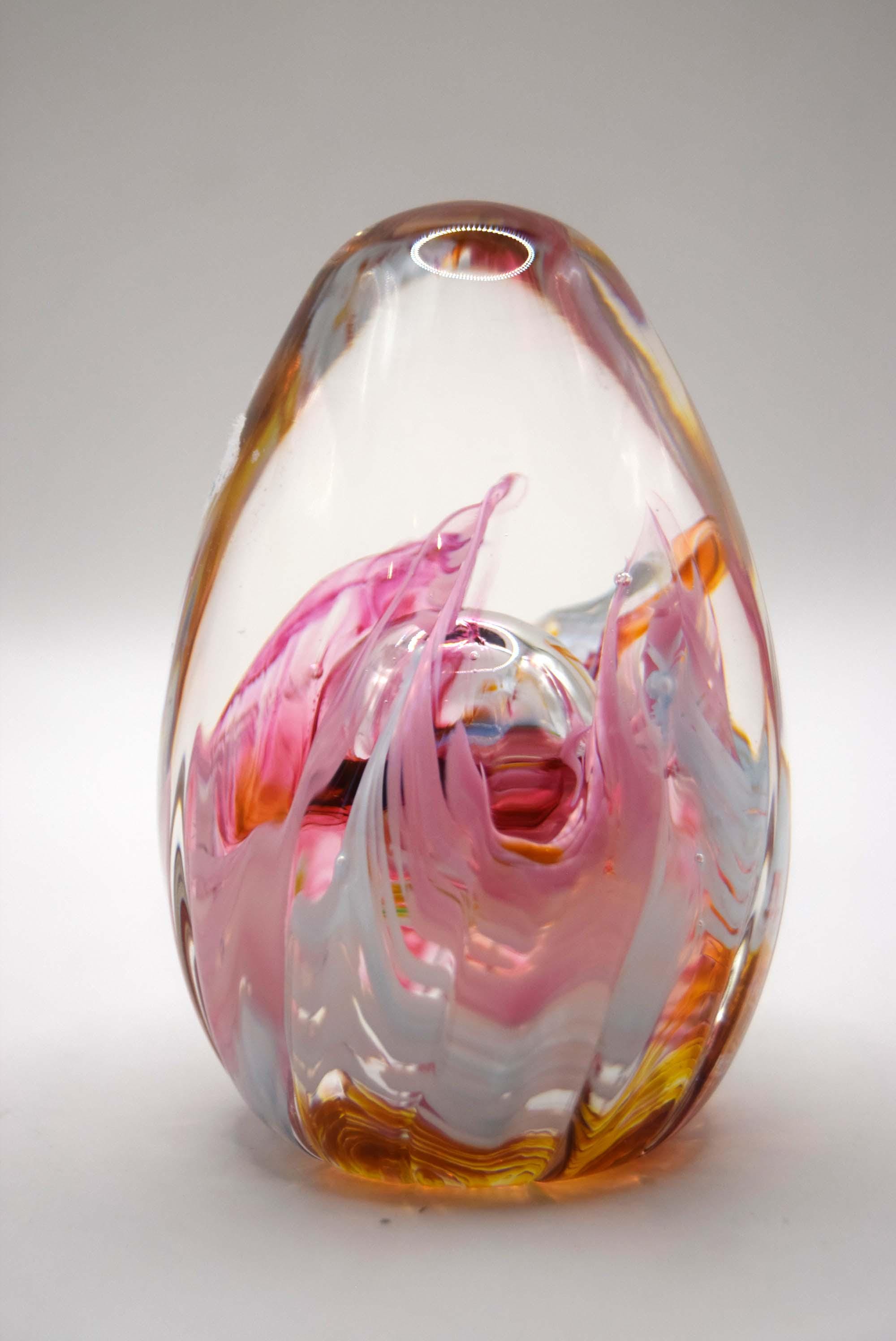 Pretty Vintage Selkirk Art Glass Paperweight Swirl Pink Grey Ribbed Scotland