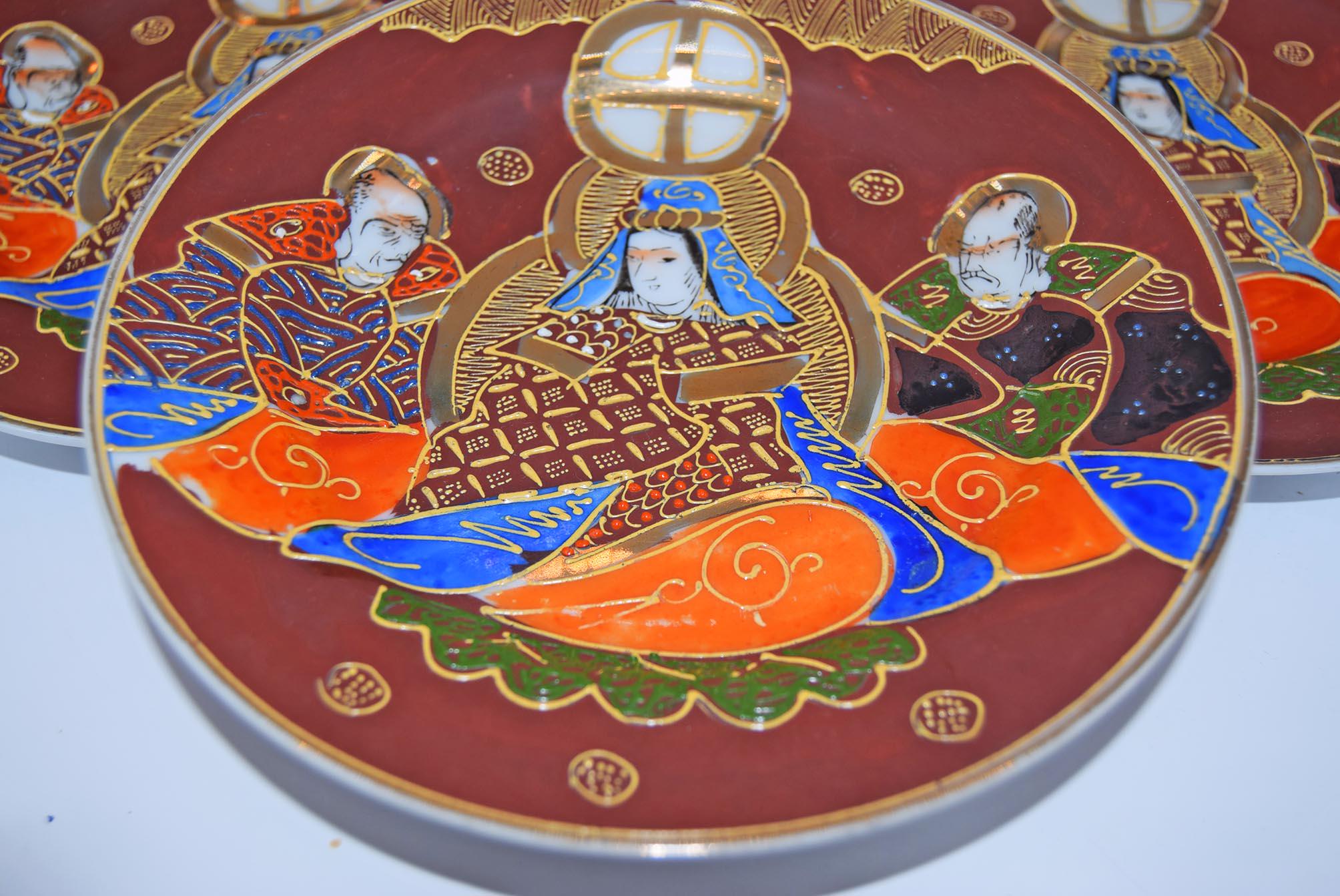6 x Antique Japanese Satsuma Moriage Plates 19cms - Taisho period 1940s