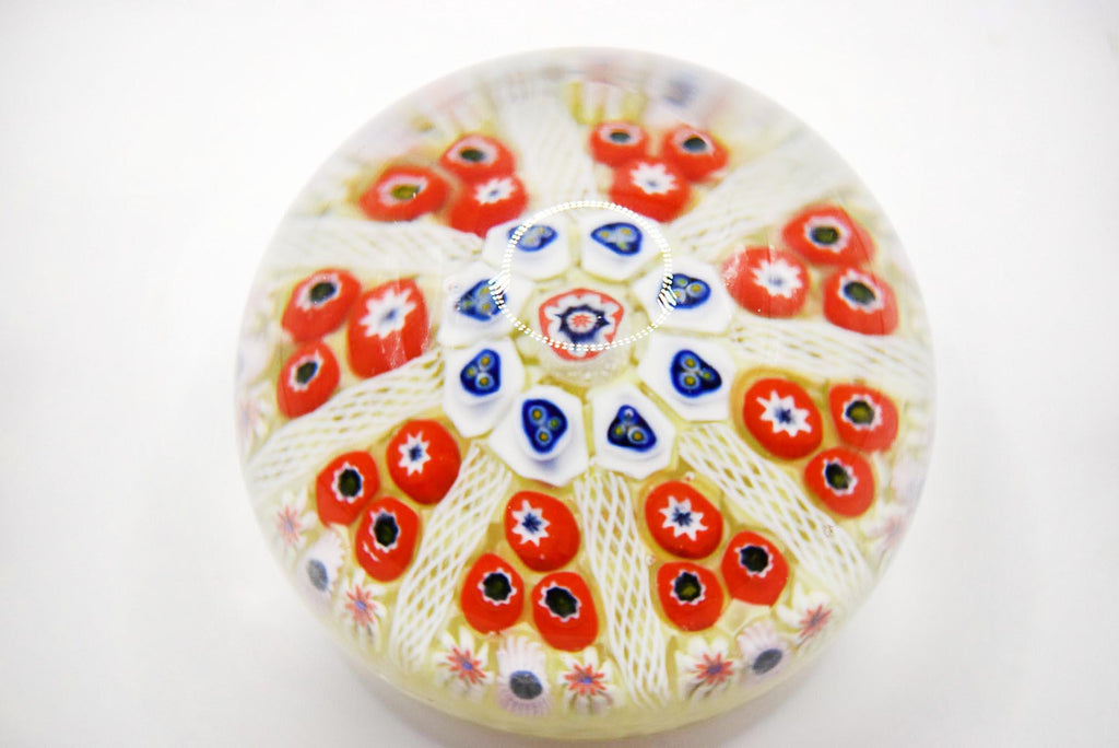 Scottish Strathearn Millefiori 8 Spoke Cartwheel Latticino Glass Paperweight c1970s