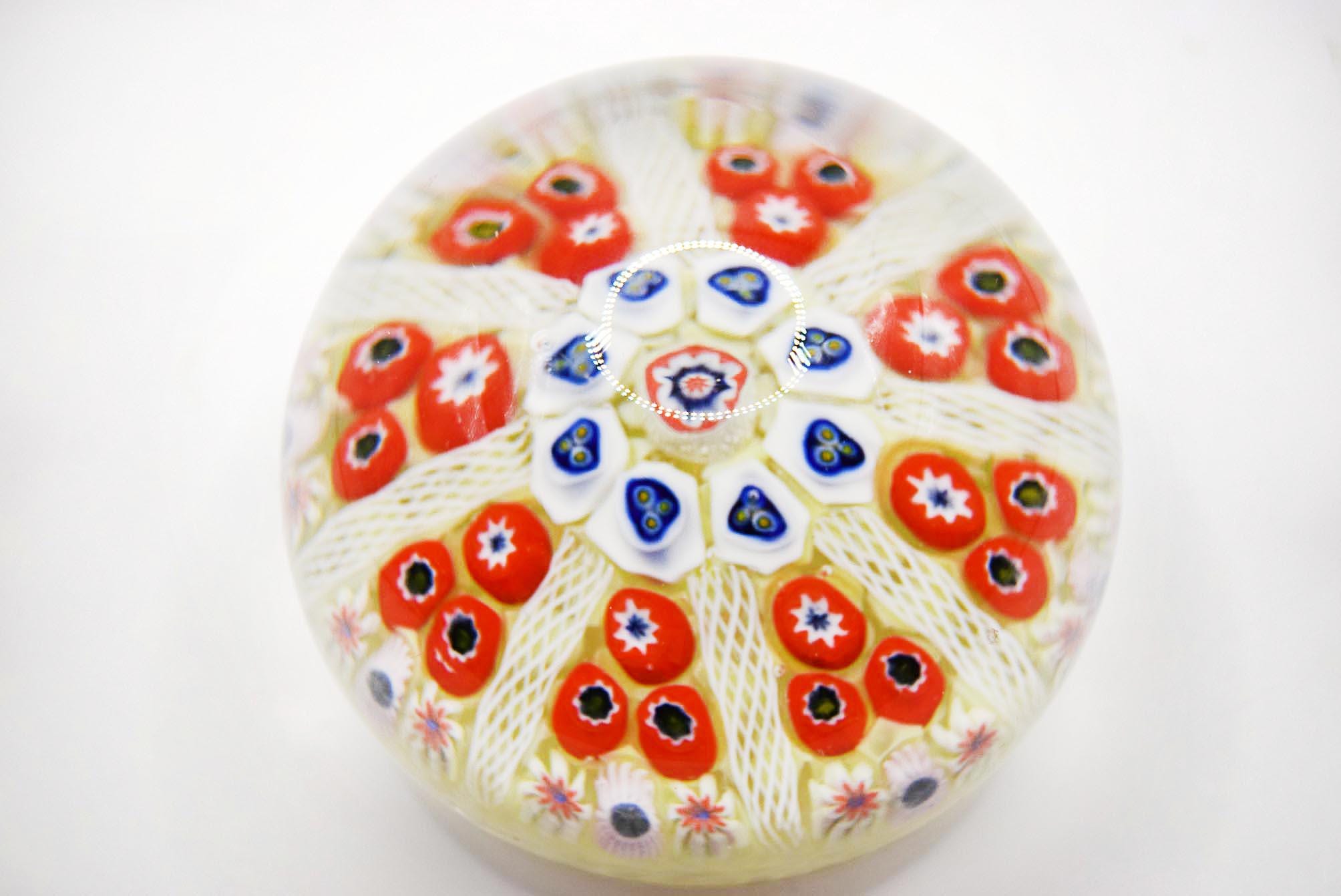 Scottish Strathearn Millefiori 8 Spoke Cartwheel Latticino Glass Paperweight c1970s