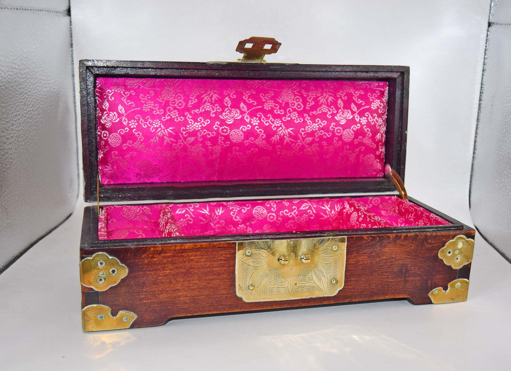 Oriental Rosewood Jewelry Box | Brass & Enamel | Silk Lined | Mid Century c1950s