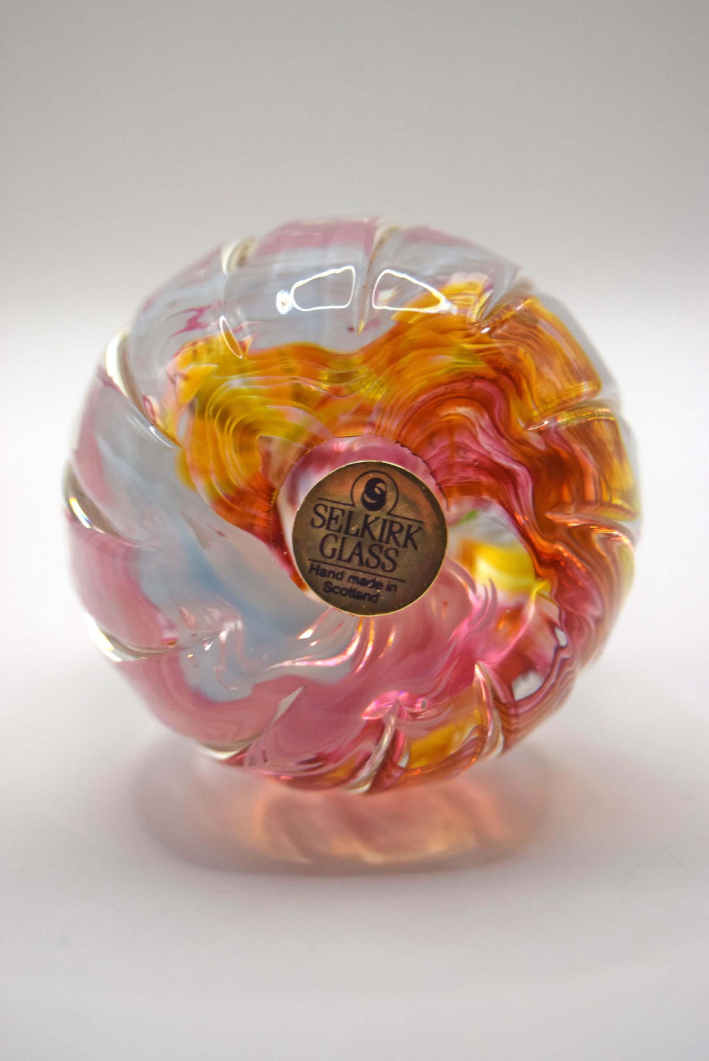 Pretty Vintage Selkirk Art Glass Paperweight Swirl Pink Grey Ribbed Scotland
