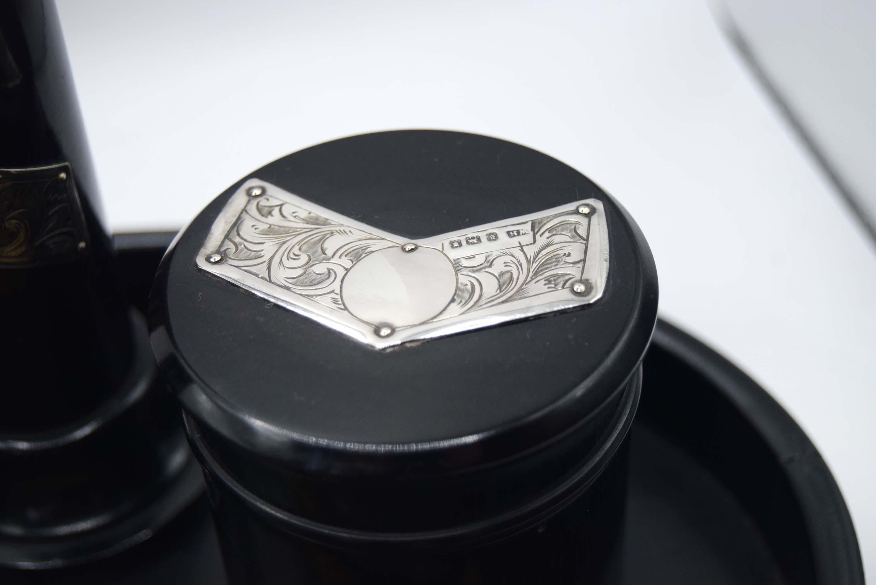 Antique Victorian Ebony and Hallmarked Silver Dressing Table Vanity Set - c1890s