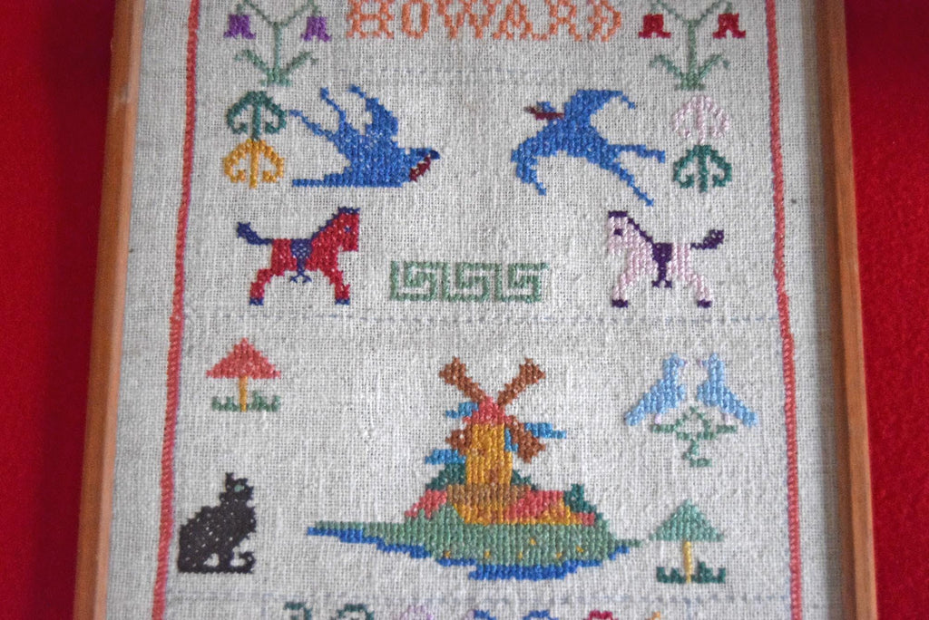 Antique 1948 Cross Stitch Embroidery Framed Sampler