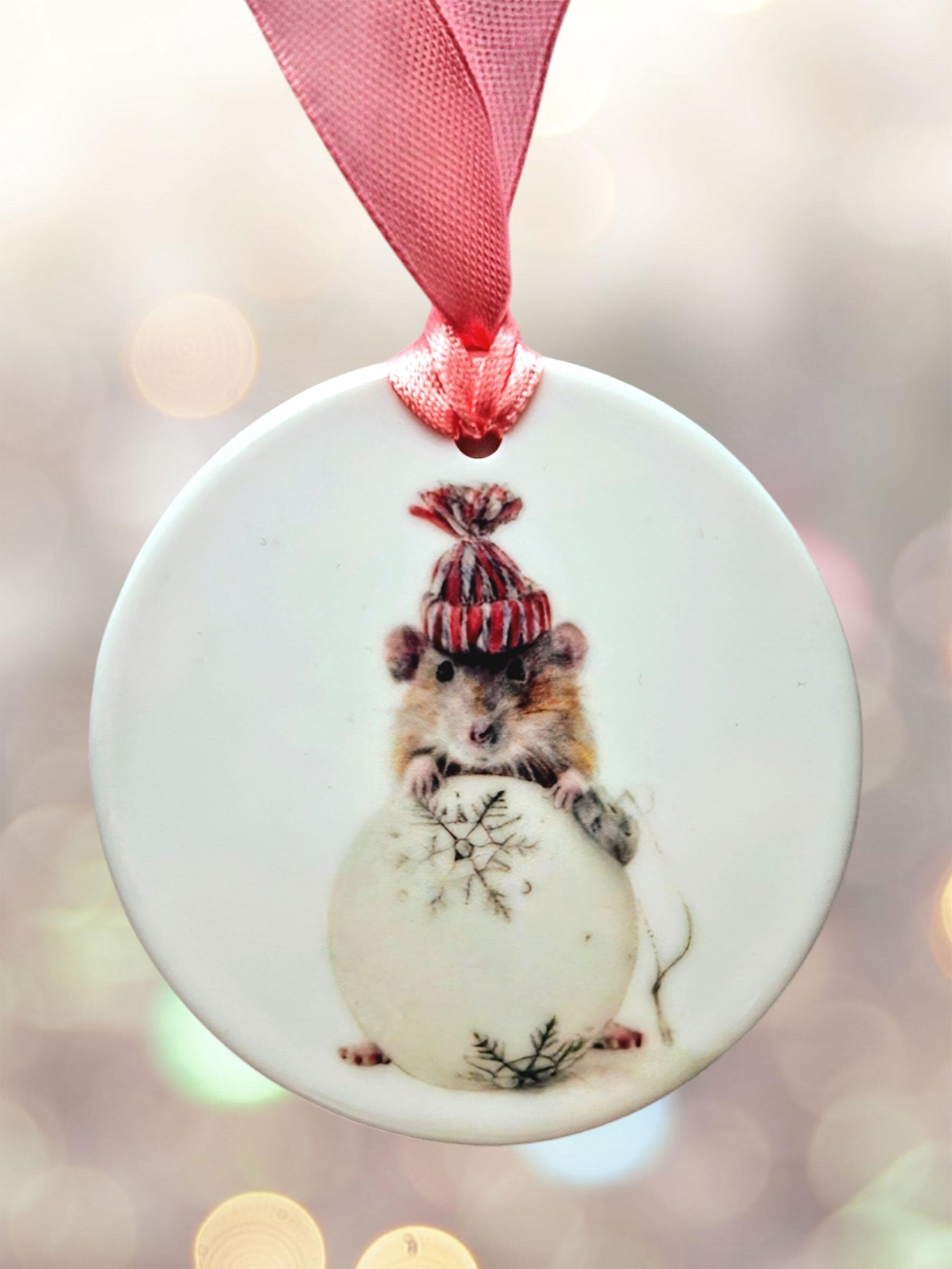 Ceramic disc hanging ornaments depicting a collection of fun and festive animals - all from original oils by Jess Harris