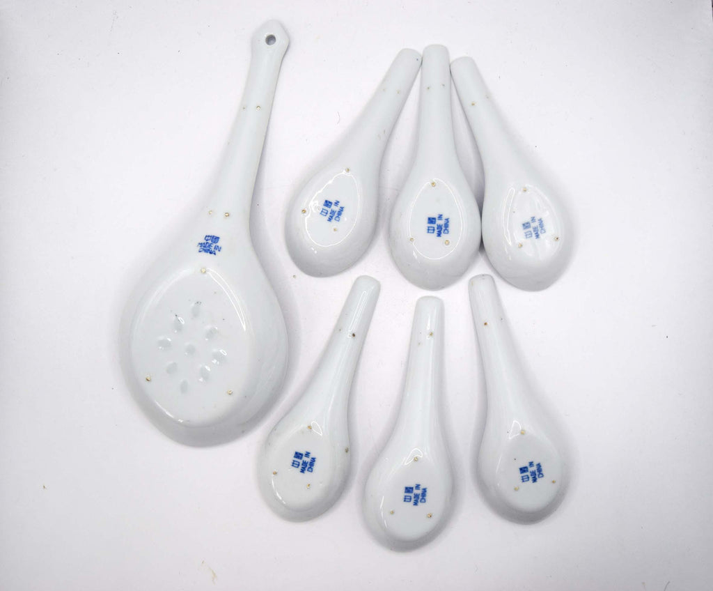 7 Piece Porcelain Chinese Spoon Soup Set White Blue Patterned Asian Ceramics
