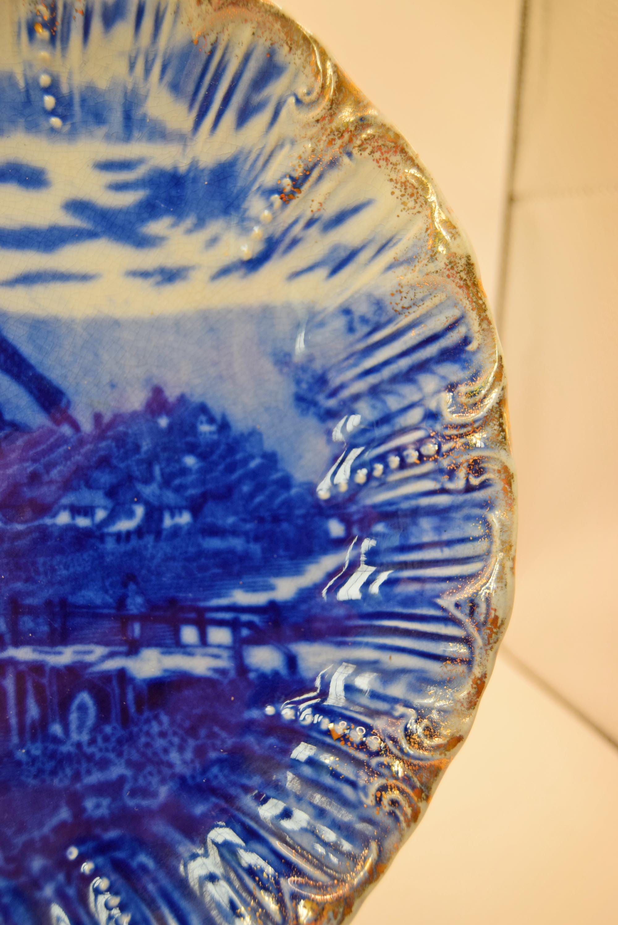 Antique Windmill Plate - Victorian English Transferware Dish - Flow Blue design