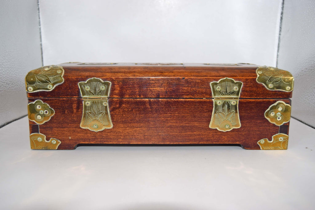 Oriental Rosewood Jewelry Box | Brass & Enamel | Silk Lined | Mid Century c1950s