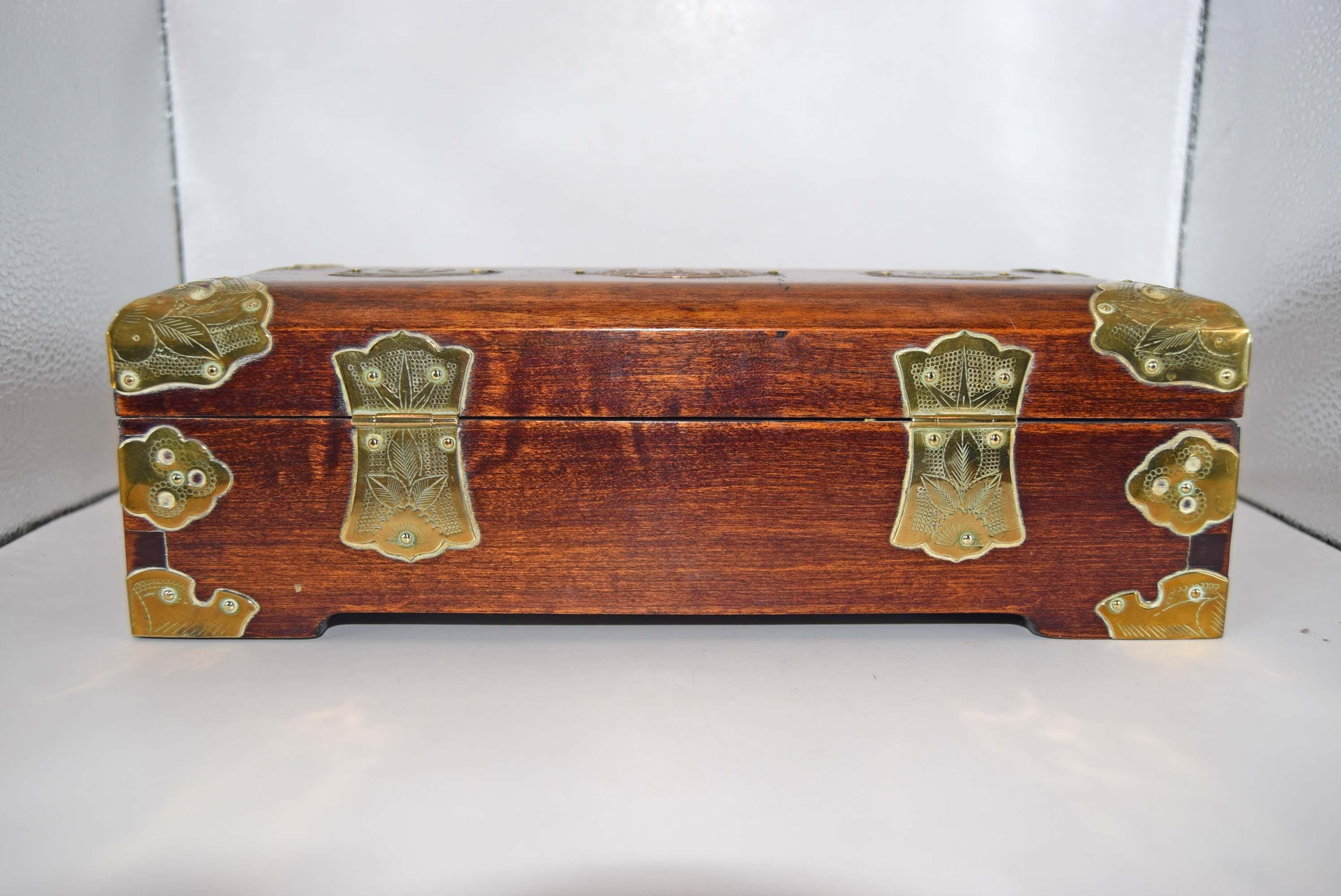 Oriental Rosewood Jewelry Box | Brass & Enamel | Silk Lined | Mid Century c1950s