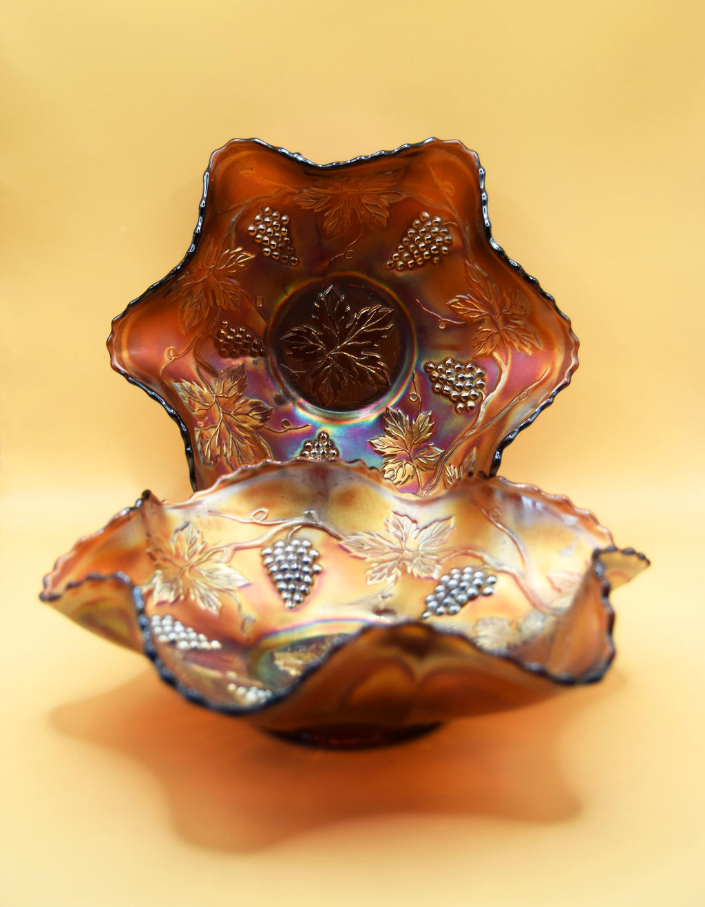 Pair of Fenton Grape Carnival Glass Fruit/Sweet Bowl Ruffled Iridescent c1930s