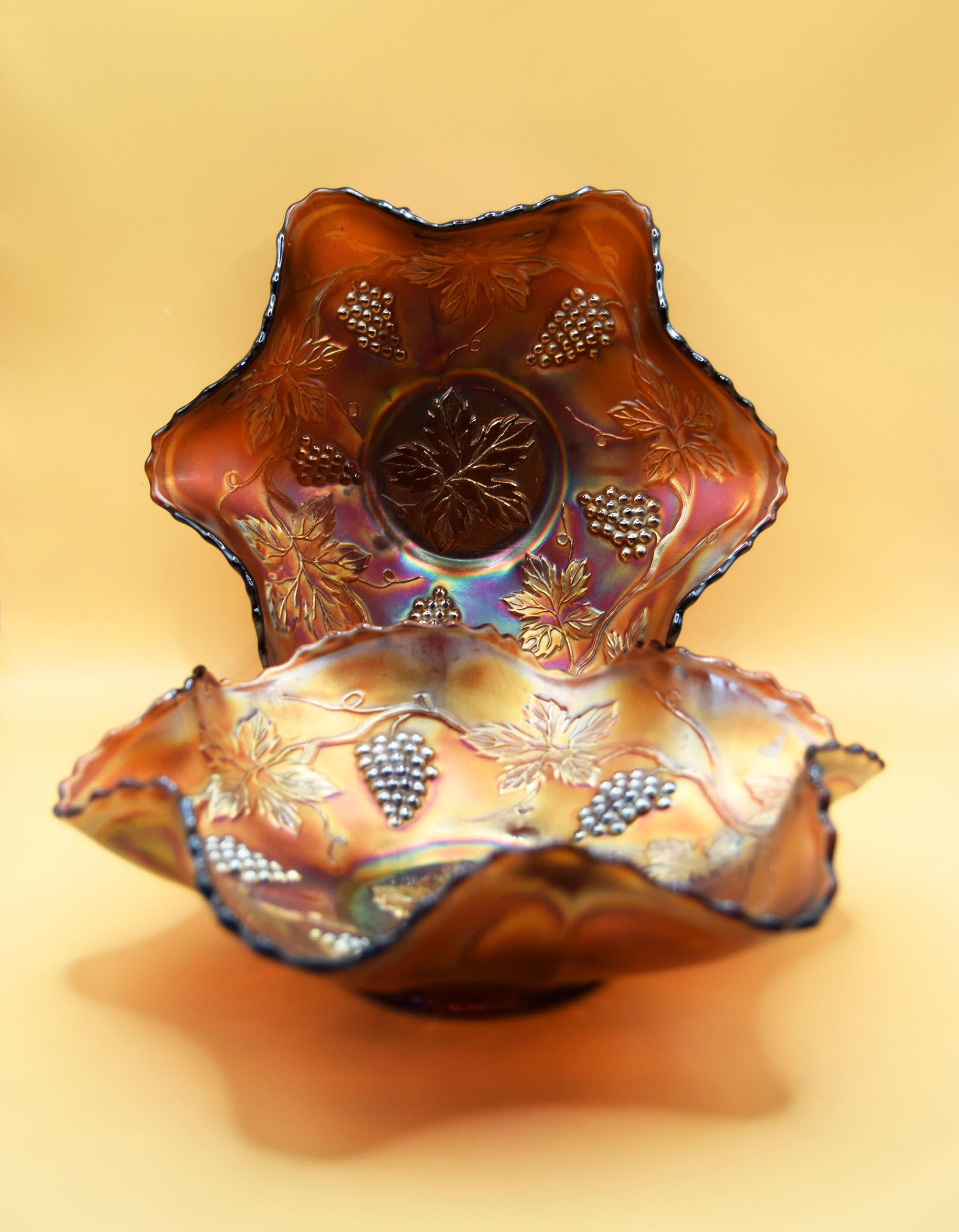 Pair of Fenton Grape Carnival Glass Fruit/Sweet Bowl Ruffled Iridescent c1930s