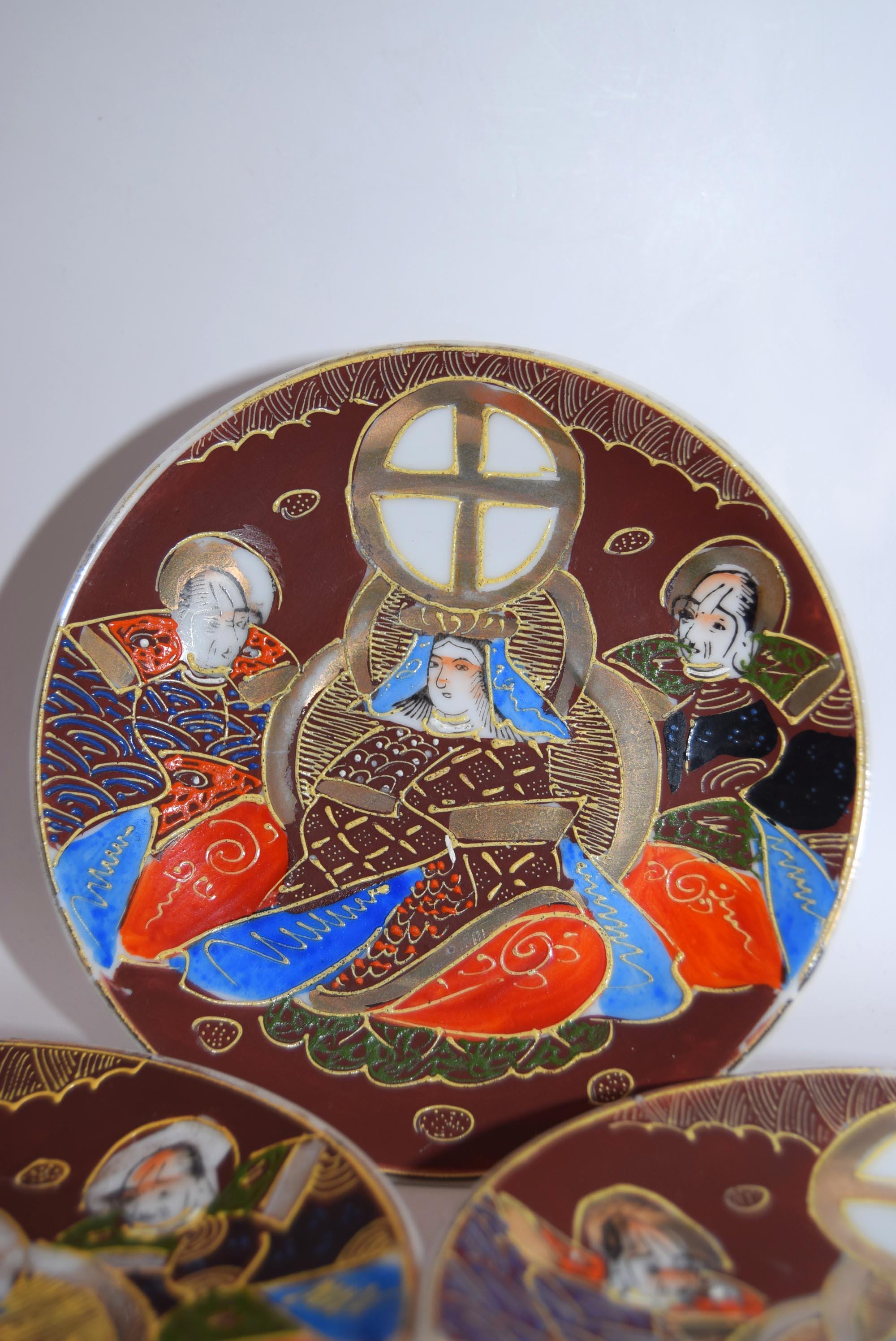 3 x Antique Japanese Satsuma Moriage Saucers 14cms - Taisho period 1940s