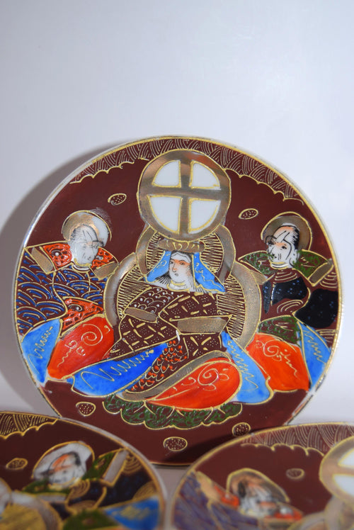 3 x Antique Japanese Satsuma Moriage Saucers 14cms - Taisho period 1940s