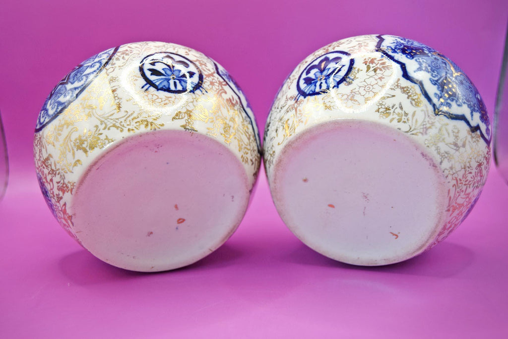 2 x Antique Fenton Osaka Blue & White Guilded Globe Vases c1910s