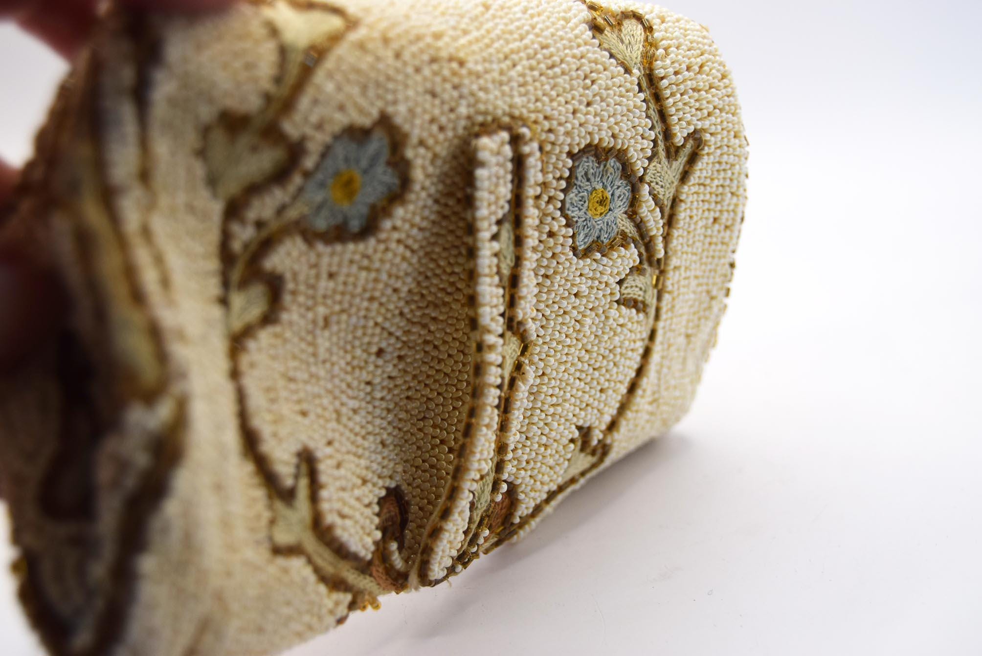 Antique Victorian Hand Made Ivory Beaded and Embroidered Clutch Evening Bag