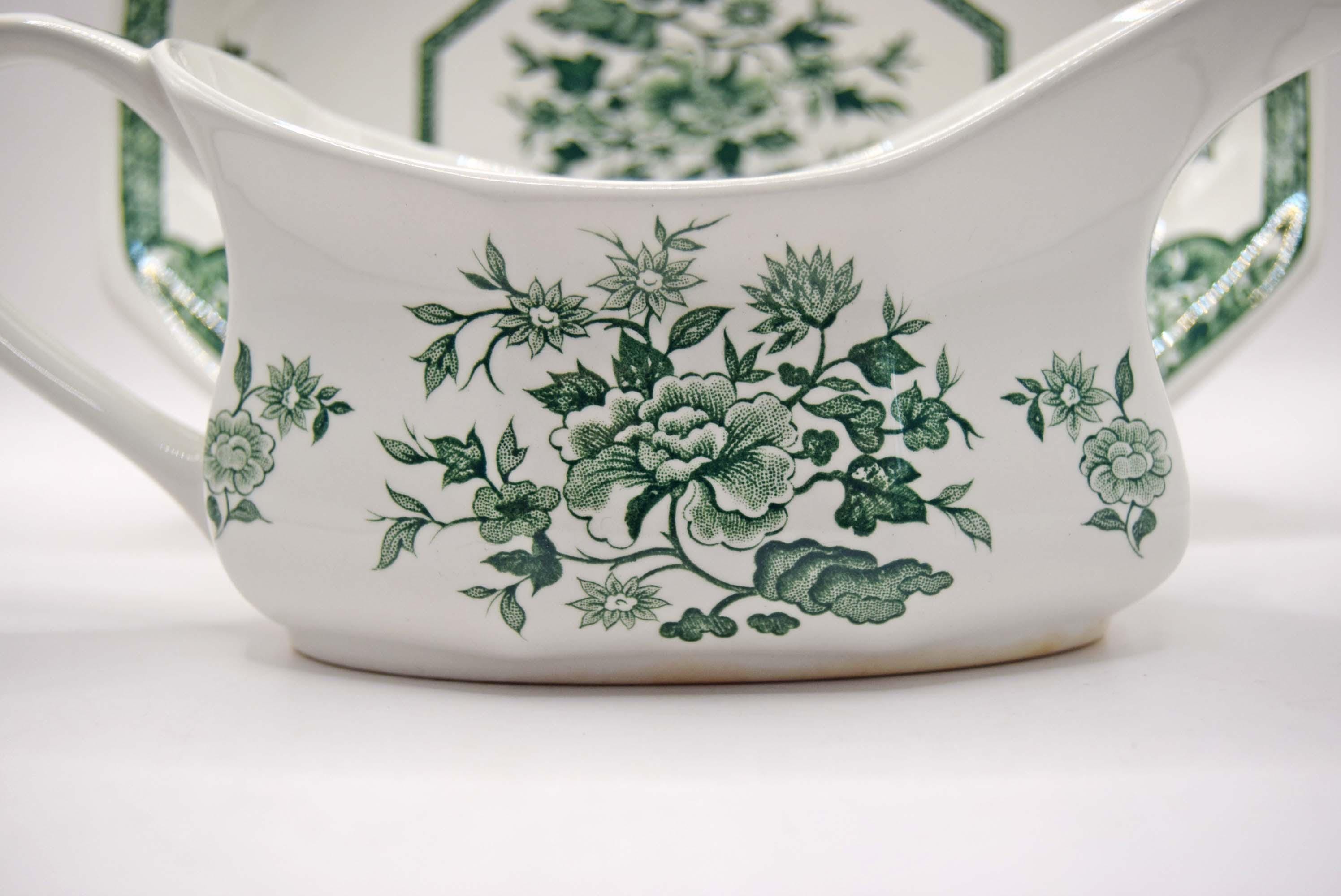 Vintage Royal Staffordshire Old Pekin Green Ironstone Gravy Boat with Saucer