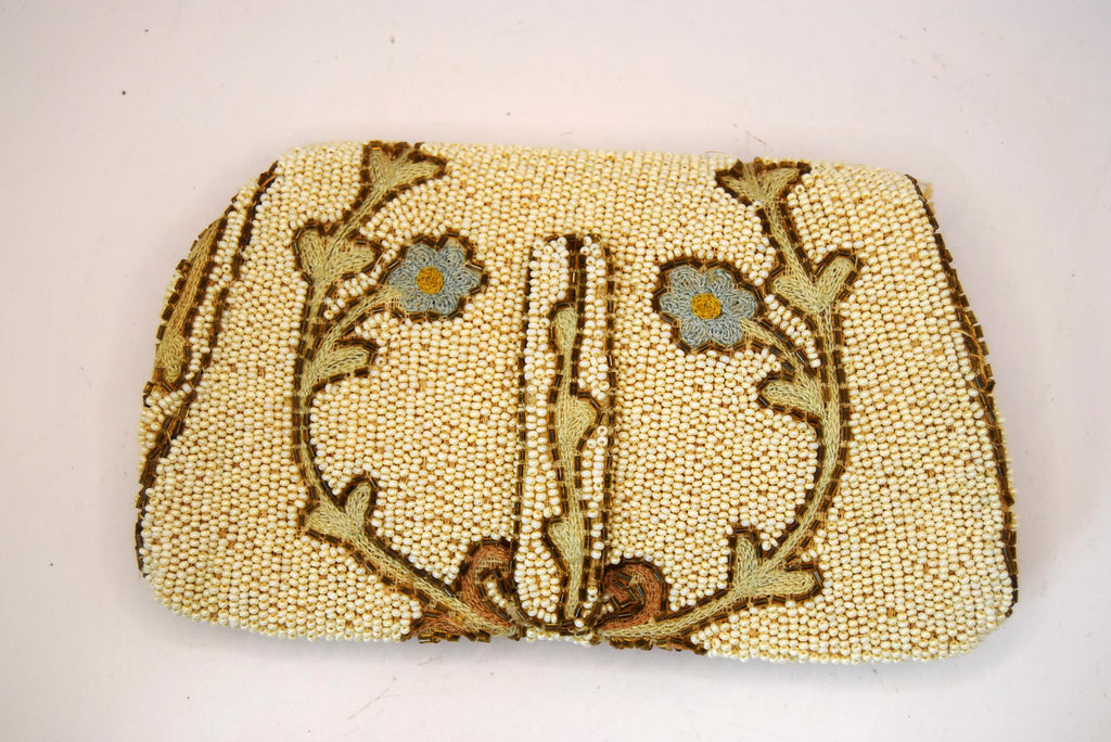 Antique Victorian Hand Made Ivory Beaded and Embroidered Clutch Evening Bag