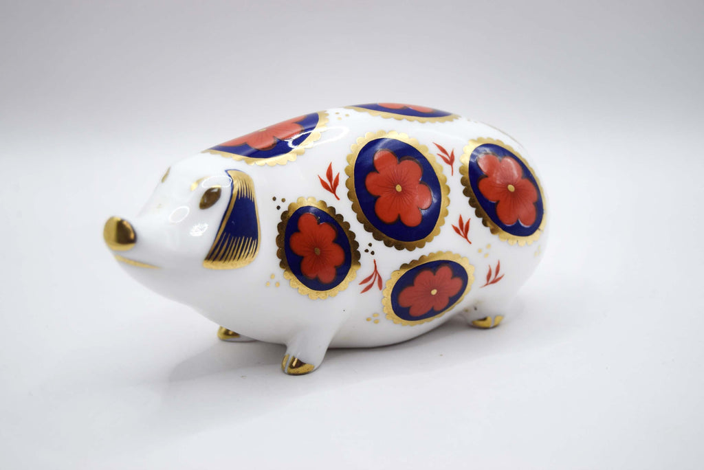 Royal Crown Derby Pig Paperweight, Vintage English Bone China, Old Imari, Mint