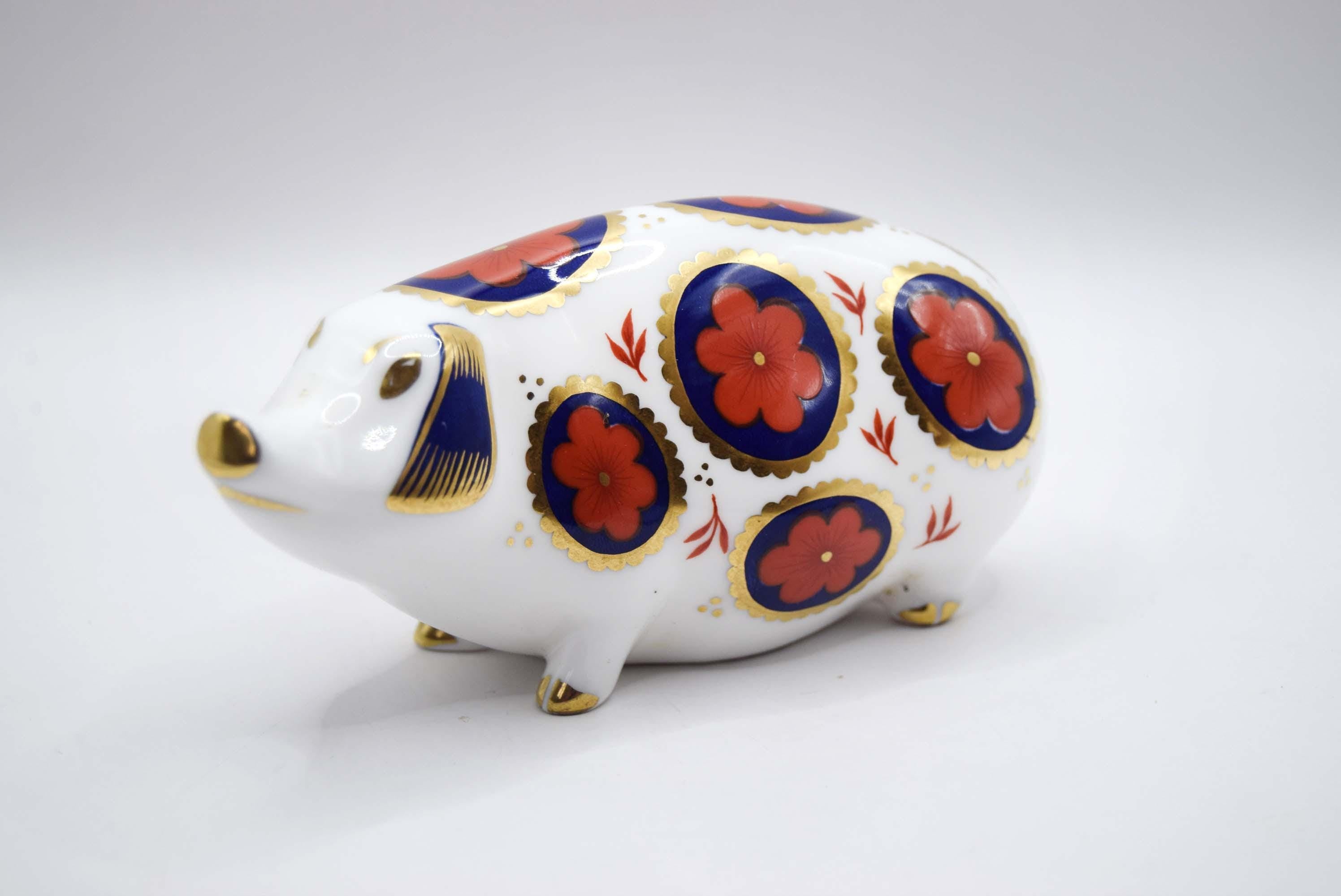 Royal Crown Derby Pig Paperweight, Vintage English Bone China, Old Imari, Mint