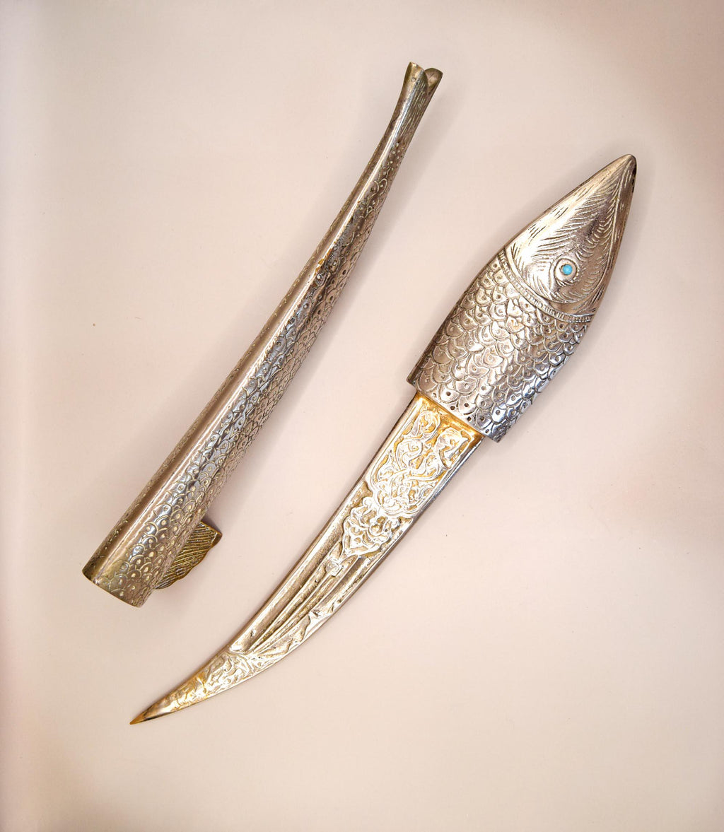 Vintage  Letter Opener Fish-Shaped Silver Metal  & Sheath – Nautical – Ocean-Inspired Desk Accessory